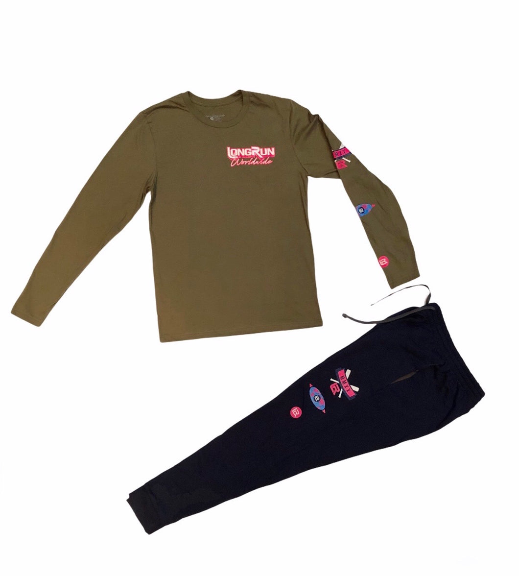 LongRun Multi-Logo Navy Sweat Pants & Olive Shirt Set
